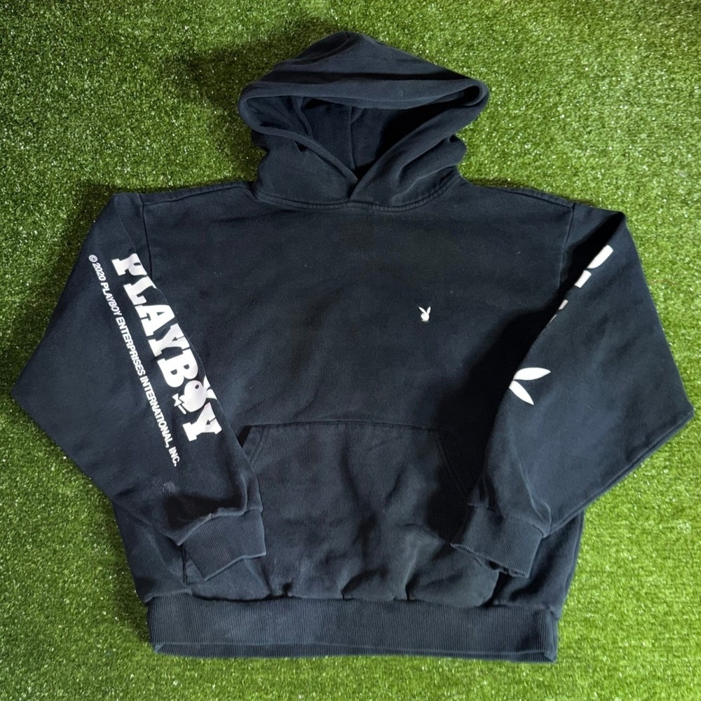 Playboy by PacSun Mens Black Pullover Hoodie Bunny Logo Graphic Sleeve